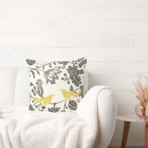 Cojín Decorativo Amarillo Gris Marfil Flores Antiguas Aves del Amor