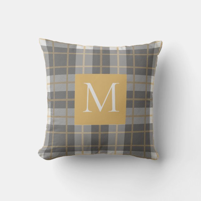 Cojín decorativo amarillo gris y dorado monogramo (Anverso)