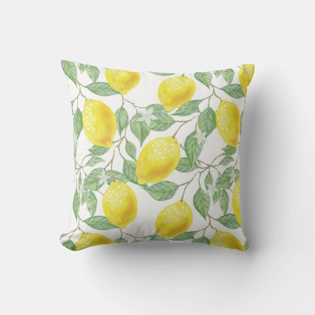 Cojín Decorativo amarillo limón hojas patrón verde (Anverso)
