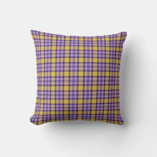 Cojín Decorativo Amarillo Mostaza Moderno y Morado Lavanda a Cuadro