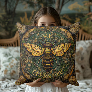 Cojín Decorativo Amarillo Rústico Verde Abeja Reina Monograma Cotta