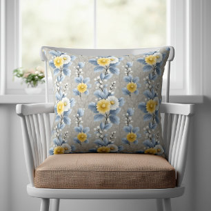 Cojín Decorativo Amarillo Rústico y Floral Blanco