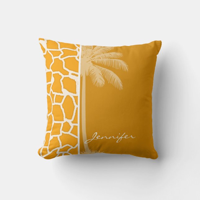 Cojín Decorativo Amber Naranja Giraffe Animal Print; Palm (Anverso)