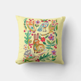 Cojín Decorativo Amigos Animales Florales de Arte Popular Amarillo 