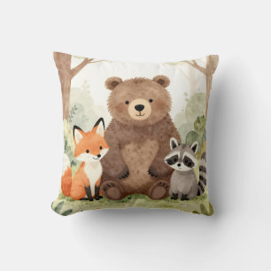 Cojín Decorativo Amigos del bosque lindos oso zorro mapache acuarel