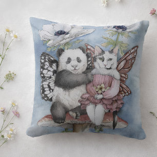 Cojín Decorativo Amigos hada Panda y Gato con Flores de Anémona