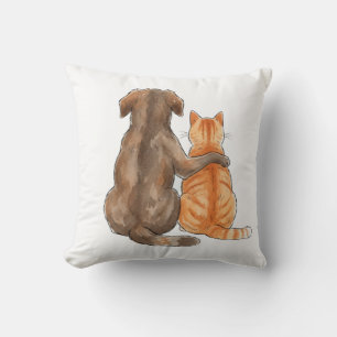 Cojín Decorativo Amistad de Perro y Gato Acuarela