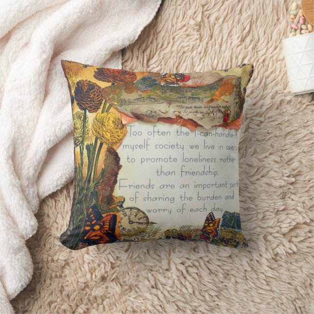 Cojín Decorativo Amistad Medios Mixtos Flores Mariposas Collage (Manta)