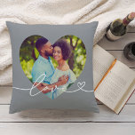 Cojín Decorativo Amor en escritura Personalizado gris foto en forma<br><div class="desc">El diseño moderno y elegante de almohadas de tiro personalizado presenta una foto favorita en forma de gran corazón con un diseño minimalista de superposición de tipografía blanca de "amor" que incluye detalles florecientes y cardíacos. Se puede modificar el color de fondo gris. Una idea de regalo única para una...</div>
