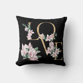 Cojín Decorativo Amor en letra dorada con flores de magnolia