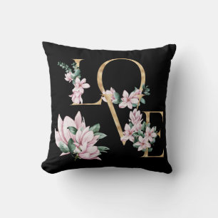 Cojín Decorativo Amor en letra dorada con flores de magnolia