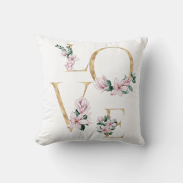 Cojín Decorativo Amor en letra dorada con flores de magnolia