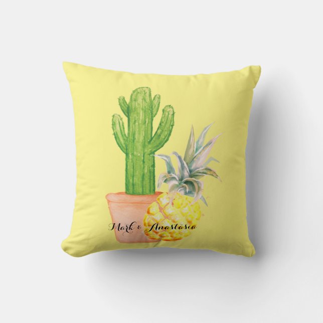 Cojín Decorativo Amor moderno piña amarilla y cactus (Anverso)