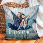 Cojín Decorativo Amor | Tu foto personal y un corazón<br><div class="desc">Esta almohada linda y elegante presenta dos de sus fotos personales,  junto con la palabra "amor" en la elegante tipografía blanca moderna y un corazón.</div>