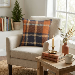 Cojín Decorativo Anaranjado de otoño y cuadros azules