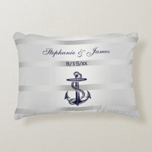 Cojín Decorativo Ancla Azul Marina Blanca Plata Náutico