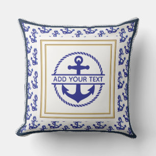 Cojín Decorativo Ancla azul marino náutico nombre personalizable