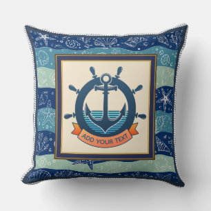 Cojín Decorativo Ancla azul marino náutico y rueda de barco