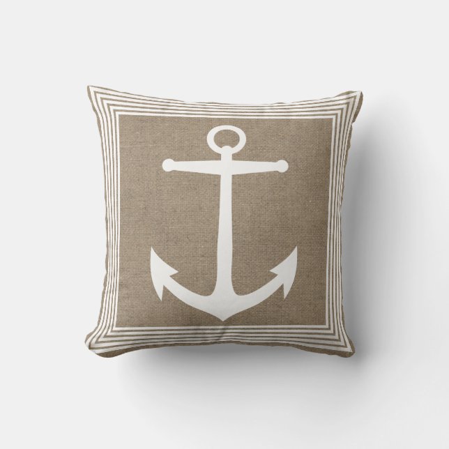 Cojín Decorativo Ancla blanca nautica y burlap falso (Anverso)