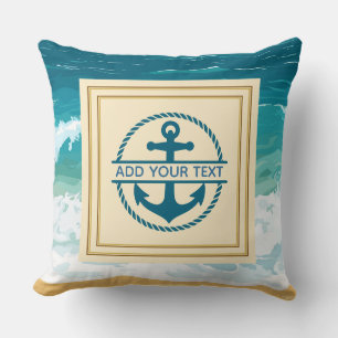 Cojín Decorativo Ancla de texto personalizado de onda oceánica náut