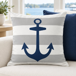 Cojín Decorativo Ancla gris blanco franja Marina Armada
