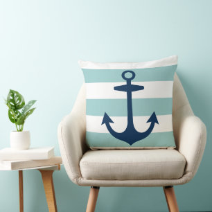 Cojín Decorativo Ancla Marina Náutica Seafoam Blanco Raya