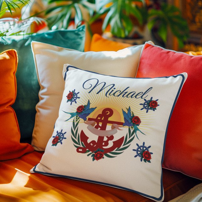Cojín Decorativo Ancla náutica Azul Floral Rojo (Subido por el creador)