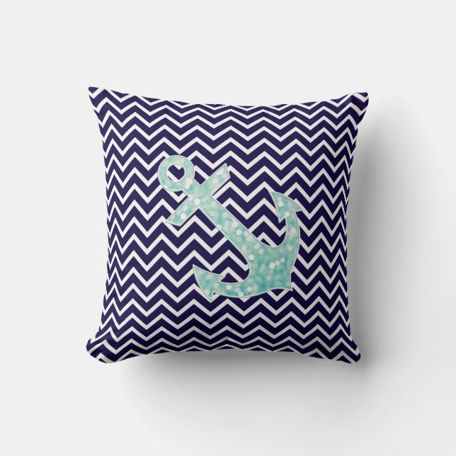 Cojín Decorativo Ancla náutica de la aguamarina y de las chispas (Anverso)