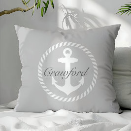 Cojín Decorativo Ancla Náutica Gris y Blanco Monograma Preppy