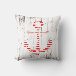 Cojín Decorativo Ancla Náutica Madera Blanca Roja Rústica Costera