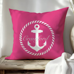 Cojín Decorativo Ancla Náutica Monograma Rosa Caliente y Blanco Pre