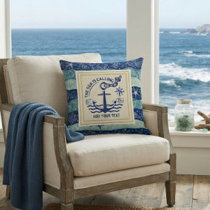 Cojín Decorativo Ancla Náutica Texto Personalizado Olas del Océano