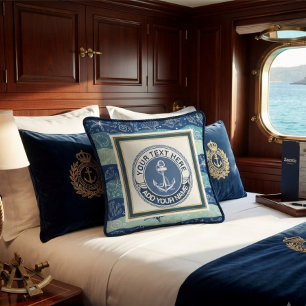 Cojín Decorativo Ancla Náutica y Monograma de Conchas Azul Marino T