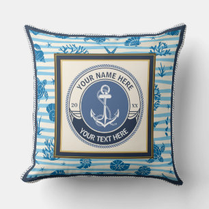 Cojín Decorativo Ancla náutica y rueda de barco a rayas personaliza
