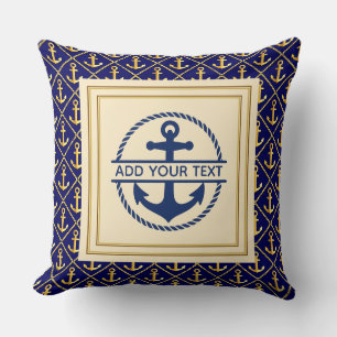 Cojín Decorativo Ancla personalizada azul marino y dorado para nave