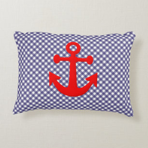 Cojín Decorativo Ancla Roja Fría sobre Patrón de Gingham a Cuadros