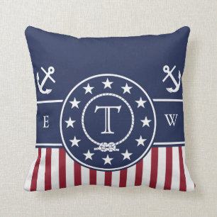 Cojín Decorativo Ancla y línea azul náutica patriótica con monogram