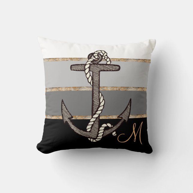 Cojín Decorativo Ancla y pendiente (gradiente negro con monograma) (Anverso)