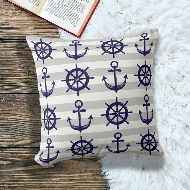 Cojín Decorativo Ancla y rueda de barco Gris Stripe Náutico (Subido por el creador)
