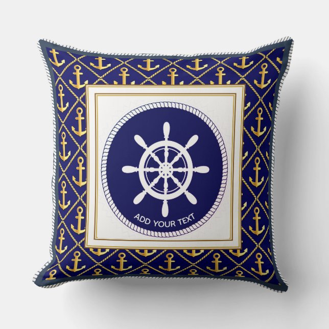 Cojín Decorativo Ancla y Timón de Nave Azul Marítimo (Anverso)