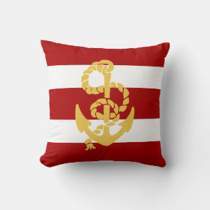 Cojín Decorativo Anclaje Amarillo Fondo Rojo Y Blanco A Rayas