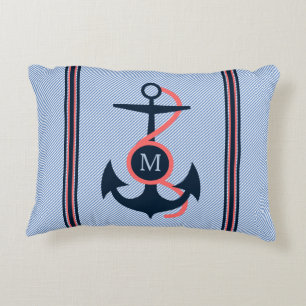 Cojín Decorativo Anclaje de barco azul coral y oscuro y franjas dec
