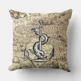 Cojín Decorativo Anclaje del mapa mundial y delfín