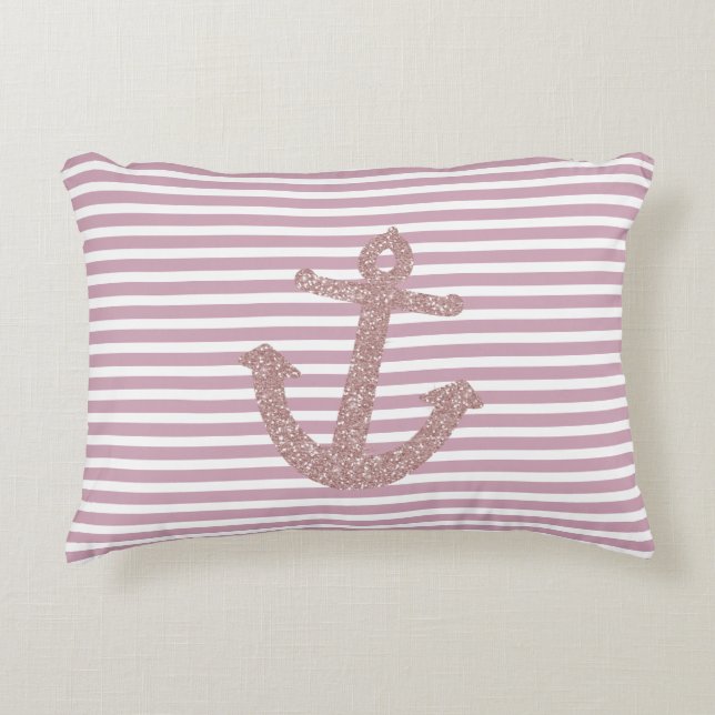 Cojín Decorativo Anclaje náutico de franjas rosadas (Anverso)