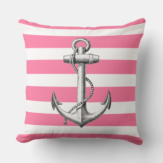 Cojín Decorativo Anclaje sobre el patrón de franja rosada náutica p (Anverso)