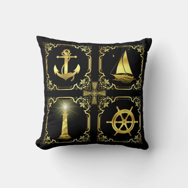 Cojín Decorativo anclaje/velero/rueda/faro de oro (Anverso)