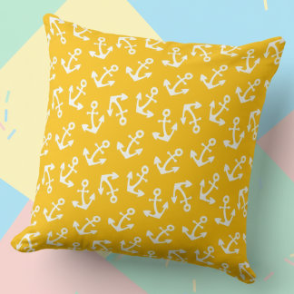 Cojín Decorativo Anclas náuticas de algodón amarillo brillante y bl