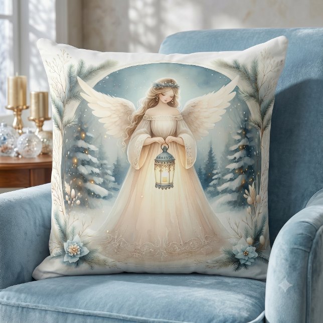Cojín Decorativo Ángel Celestial de Invierno Farol de Esperanza (Celestial Winter Angel Lantern of Hope Throw Pillow)