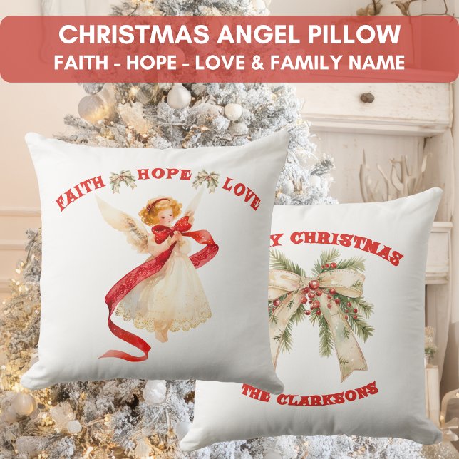 Cojín Decorativo Ángel de Navidad con apellido (Christmas Angel with Family Name Throw Pillow)