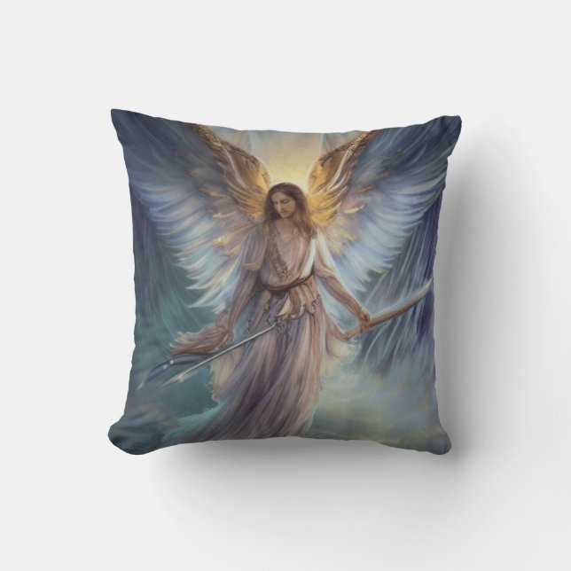 Cojín Decorativo Ángel De Protección En Una Acuarela Azul Claro (Anverso)
